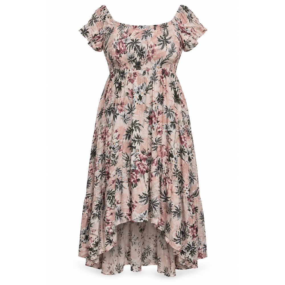 Torrid Floral High-Low Midi Dress Size 2X Pink Tropical Smocked Rayon Boho